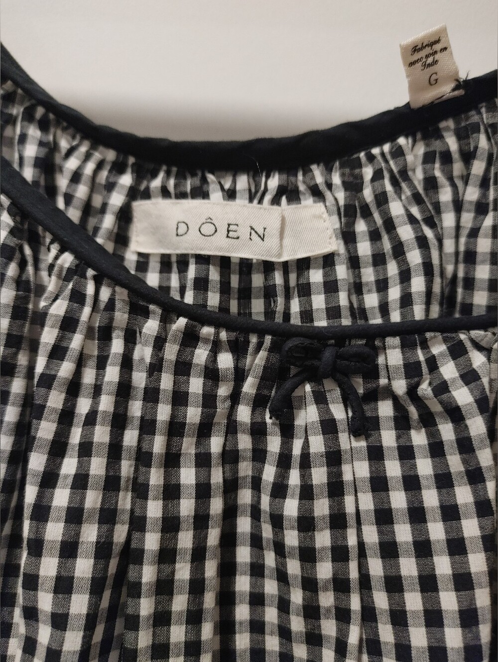 New DÔEN Julia Gingham Cotton Black & White Gingham Shirt Dress with Tie Neck - Picture 6 of 14